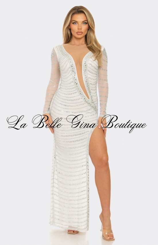 White Deep V Rhinestone Maxi Gown – Long Sleeve High Slit Luxury Evening Dress