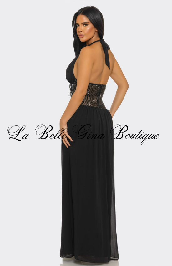 Sexy Halter Maxi Dress with Rhinestone Waist | Elegant Slit Evening Gown