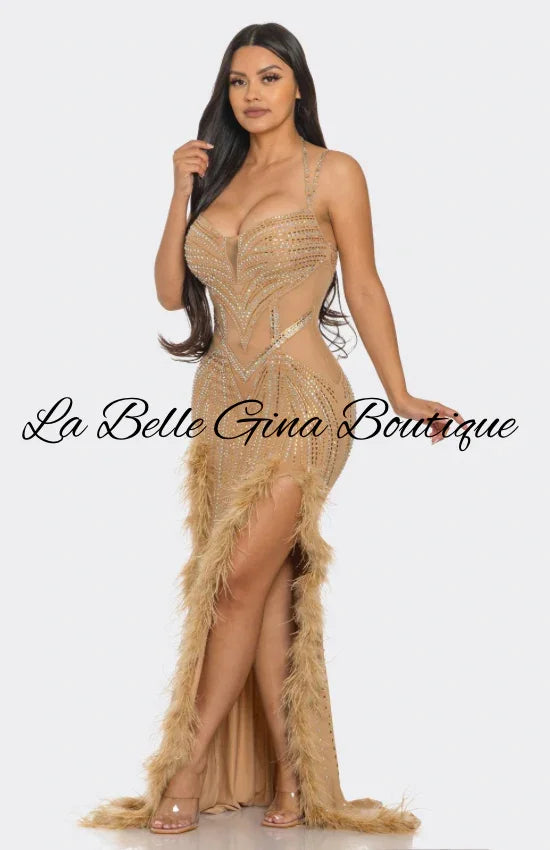 Feather Rhinestone Mesh Cutout Gown – Luxury Evening Maxi Dress