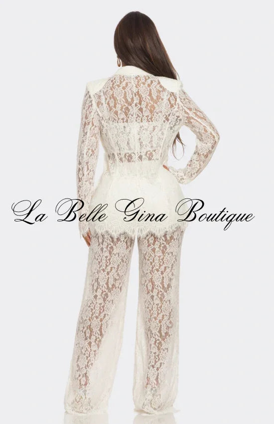 Luxury Lace 3-Piece Pant Set – Sheer Wide Leg Pants, Bustier Crop Top & Matching Jacket | La Belle Gina Boutique