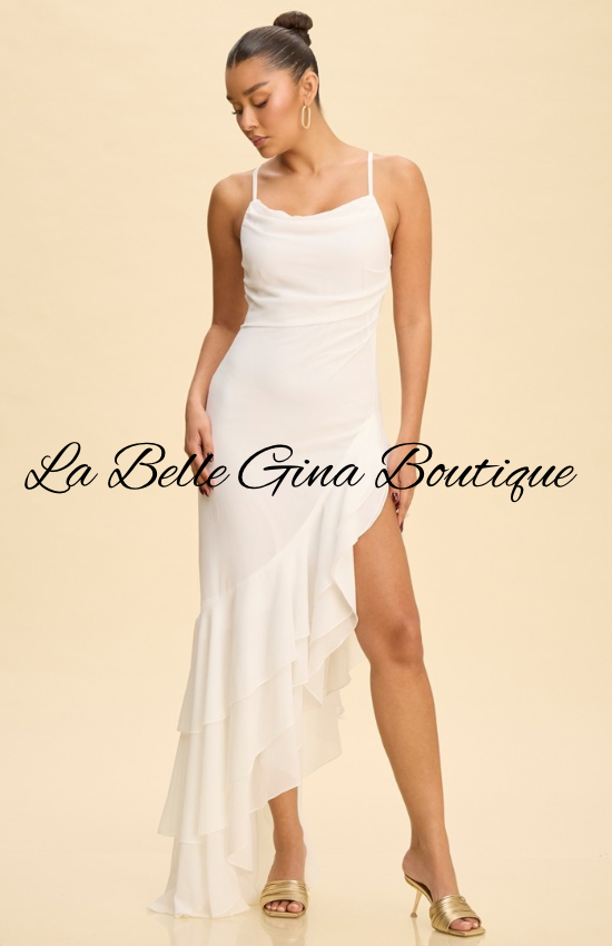 Amara Ruffle High-Low Maxi Dress | Elegant Sleeveless Formal Dress | La Belle Gina Boutique