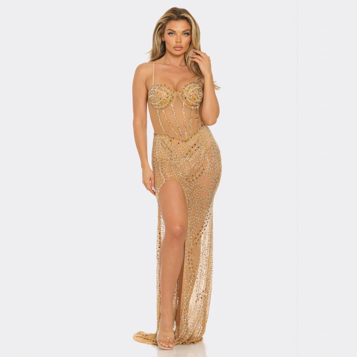 Rhinestone Sheer Gown with High Slit