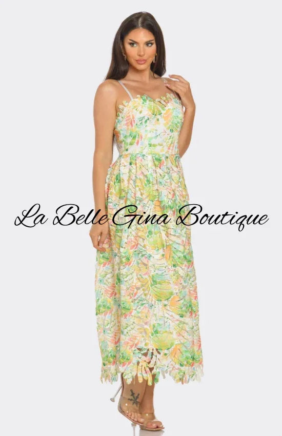 Floral Lace Maxi Dress – Summer Garden Party & Vacation Outfit.Green Multi