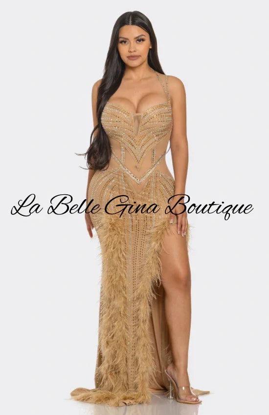 Feather Rhinestone Mesh Cutout Gown – Luxury Evening Maxi Dress