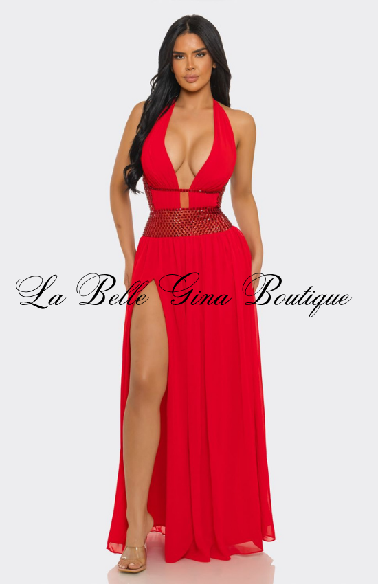 Sexy Halter Maxi Dress with Rhinestone Waist | Elegant Slit Evening Gown