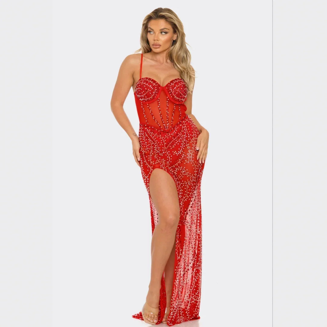 Rhinestone Sheer Gown with High Slit