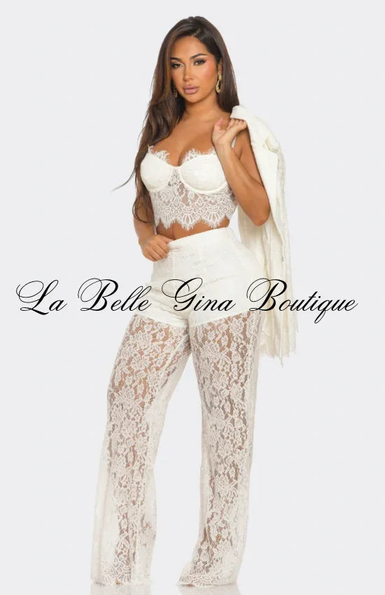 Luxury Lace 3-Piece Pant Set – Sheer Wide Leg Pants, Bustier Crop Top & Matching Jacket | La Belle Gina Boutique