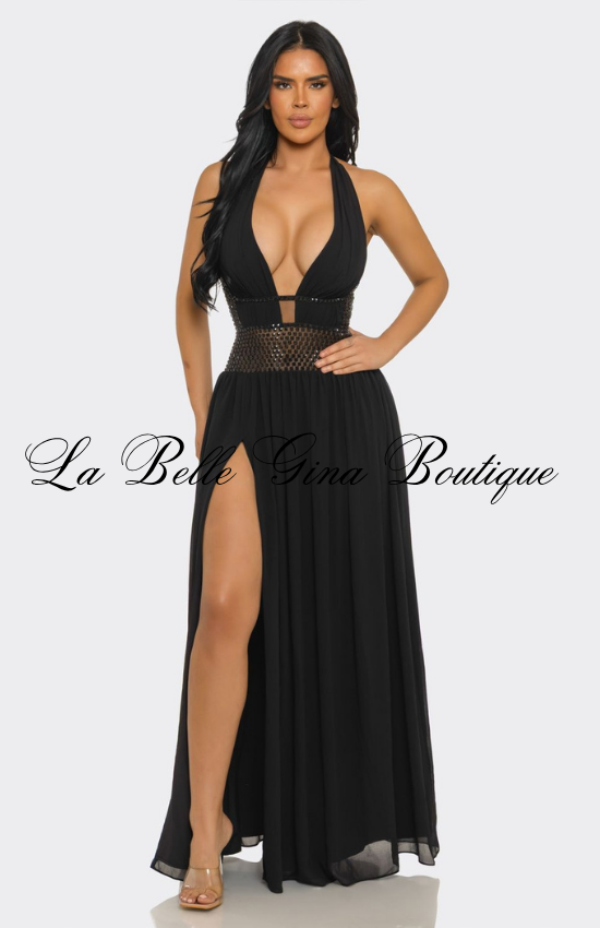 Sexy Halter Maxi Dress with Rhinestone Waist | Elegant Slit Evening Gown