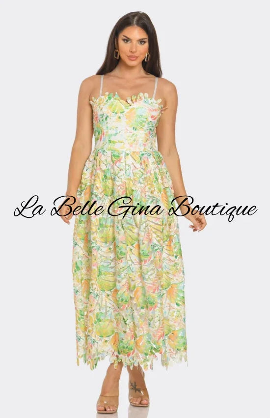 Floral Lace Maxi Dress – Summer Garden Party & Vacation Outfit.Green Multi