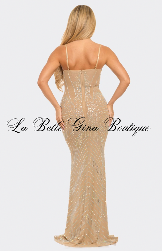 Luxury Crystal Corset Gown – Rhinestone Embellished Evening Dress With High Slit
