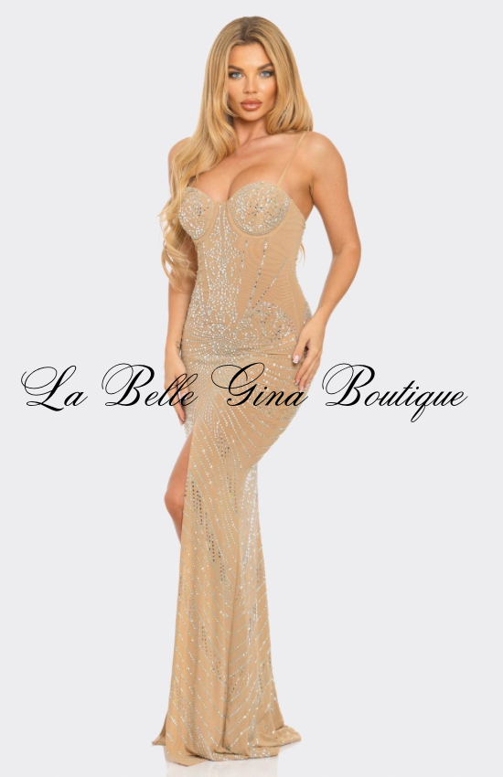 Luxury Crystal Corset Gown – Rhinestone Embellished Evening Dress With High Slit