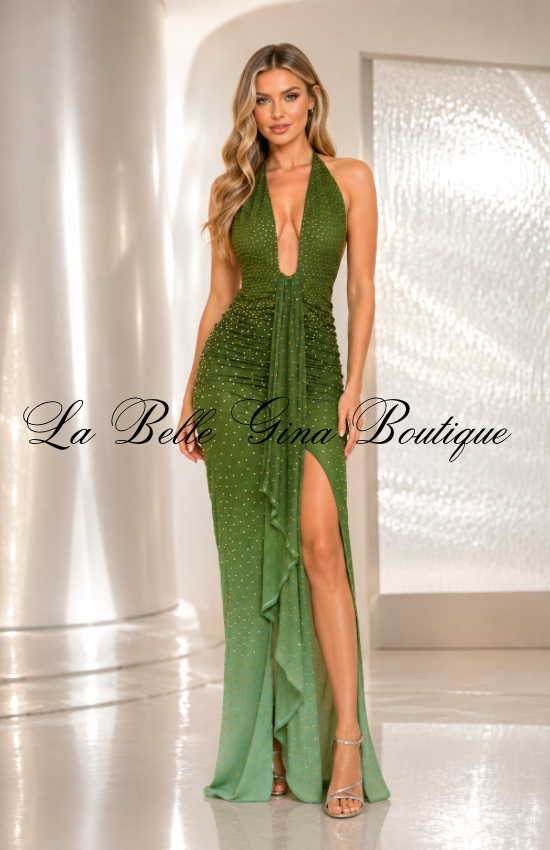 Tropical Glow Rhinestone Halter Maxi Dress – Deep V-Neck Ruched High-Slit Gown
