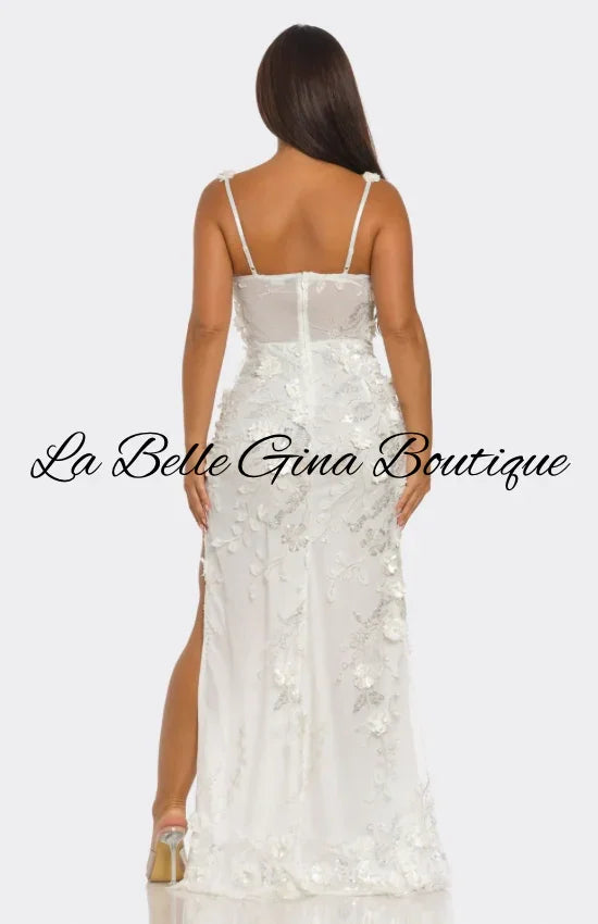 Luxury 3D Floral Embellished Corset Gown with High Slit - Elegant Evening Prom & Wedding Dress