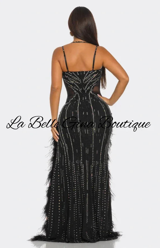 Feather Rhinestone Mesh Cutout Gown – Luxury Evening Maxi Dress