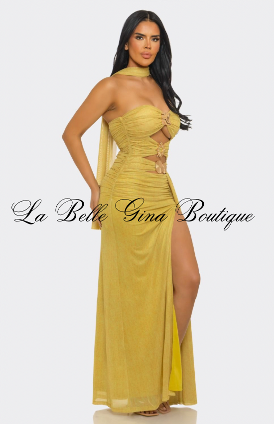 Women’s Ruched Cutout Maxi Dress with Gold Hardware – Strapless Bodycon Evening Gown with High Slit
