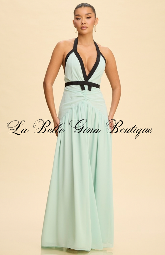 Mint Green Halter Maxi Dress – Backless Deep V Formal Evening Gown for Women