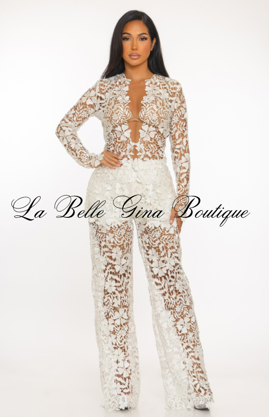 Floral Sheer Lace Jumpsuit Set – Elegant Long Sleeve See-Through Pantsuit | Evening, Birthday & Special Occasion Outfit
