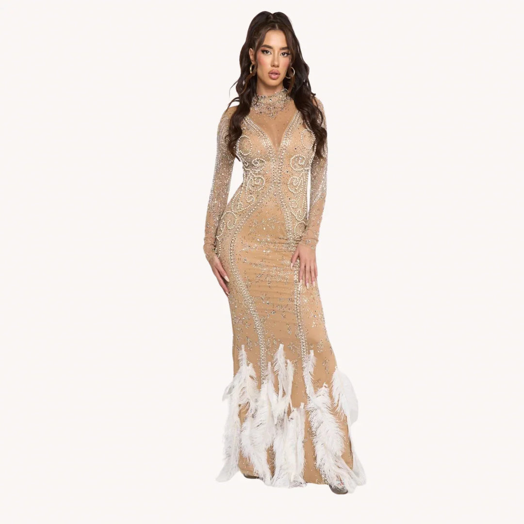 Luxury Feather Rhinestone Evening Gown Long Sleeve Sheer Sparkle La Belle Gina Boutique Luxury Feather Rhinestone Evening Gown Long Sleeve Sheer Sparkle La Belle Gina Boutique