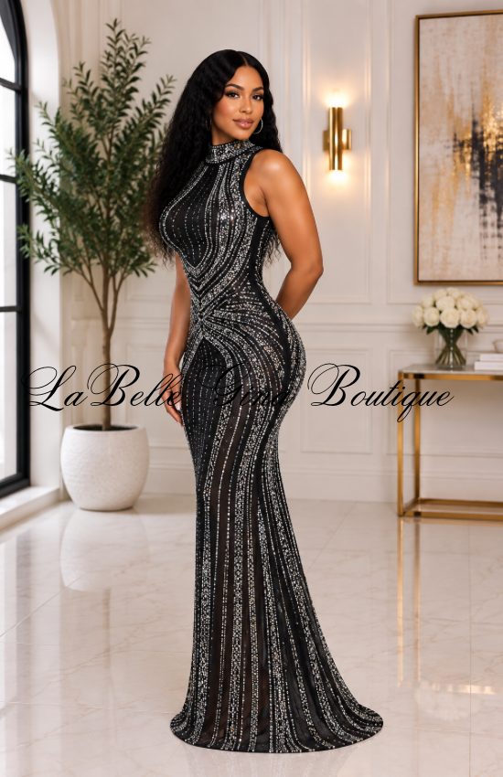 Midnight Majesty Black Rhinestone Mermaid Gown – Sheer Sparkle Evening Dress