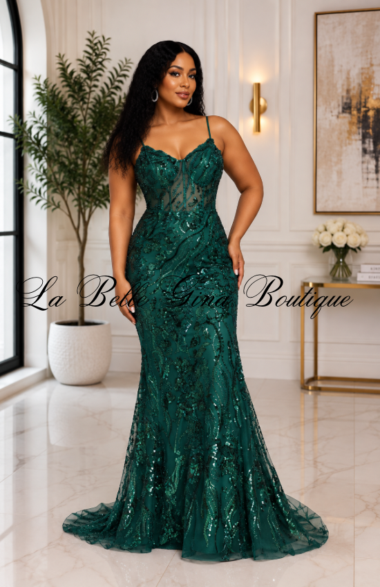 Emerald Enchantment Sequin Mermaid Gown – Corset Formal Maxi Dress