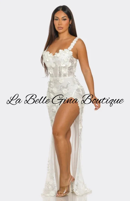 Luxury 3D Floral Embellished Corset Gown with High Slit - Elegant Evening Prom & Wedding Dress