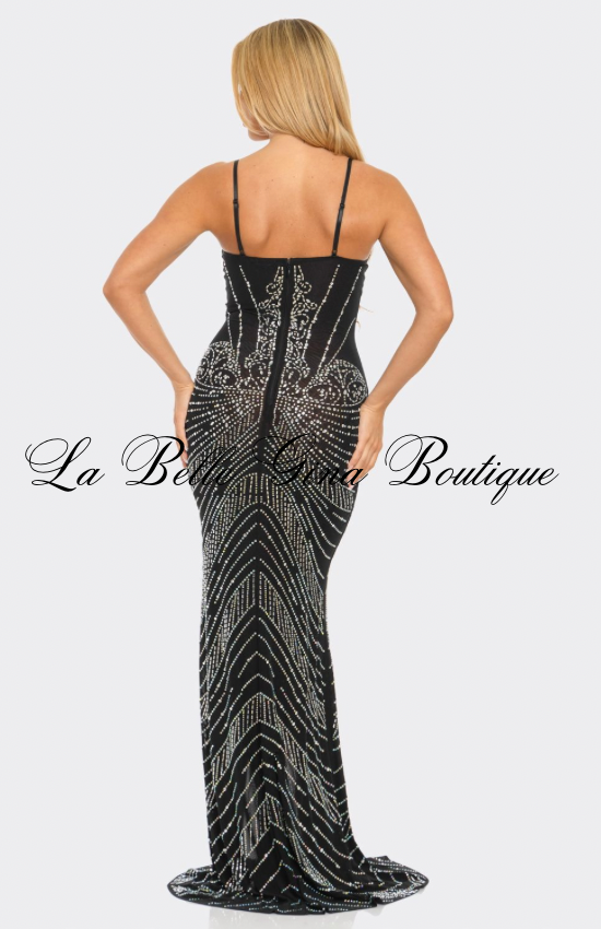 Luxury Crystal Corset Gown – Rhinestone Embellished Evening Dress With High Slit