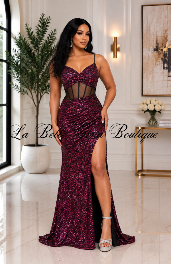 Midnight Allure Sequin Corset Maxi Dress – Sheer Waist High-Slit Evening Gown