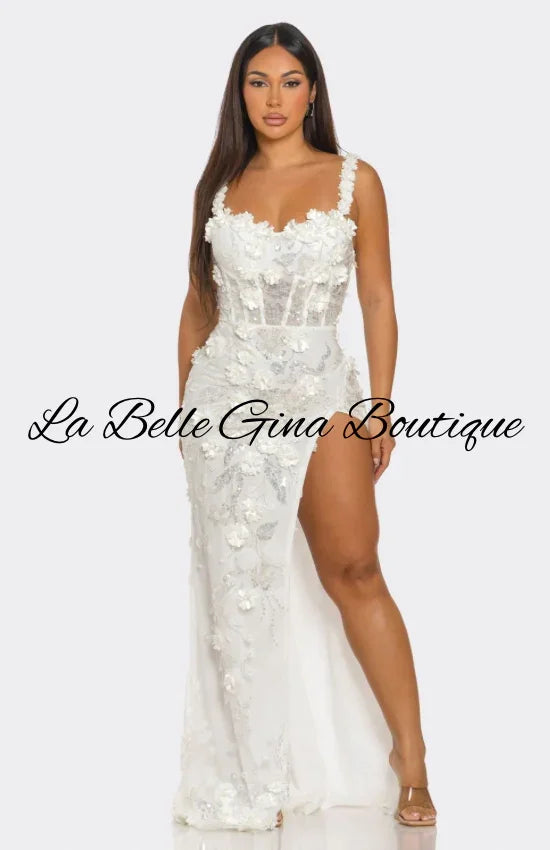 Luxury 3D Floral Embellished Corset Gown with High Slit - Elegant Evening Prom & Wedding Dress