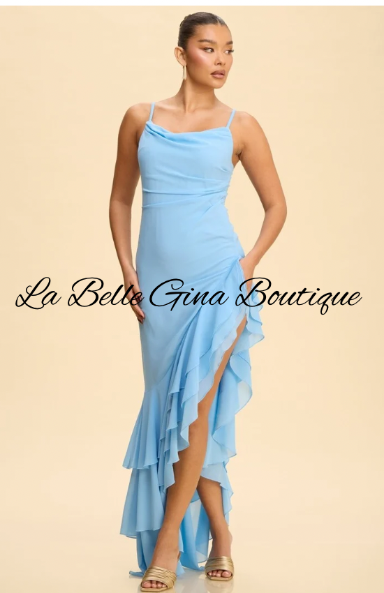Amara Ruffle High-Low Maxi Dress | Elegant Sleeveless Formal Dress | La Belle Gina Boutique
