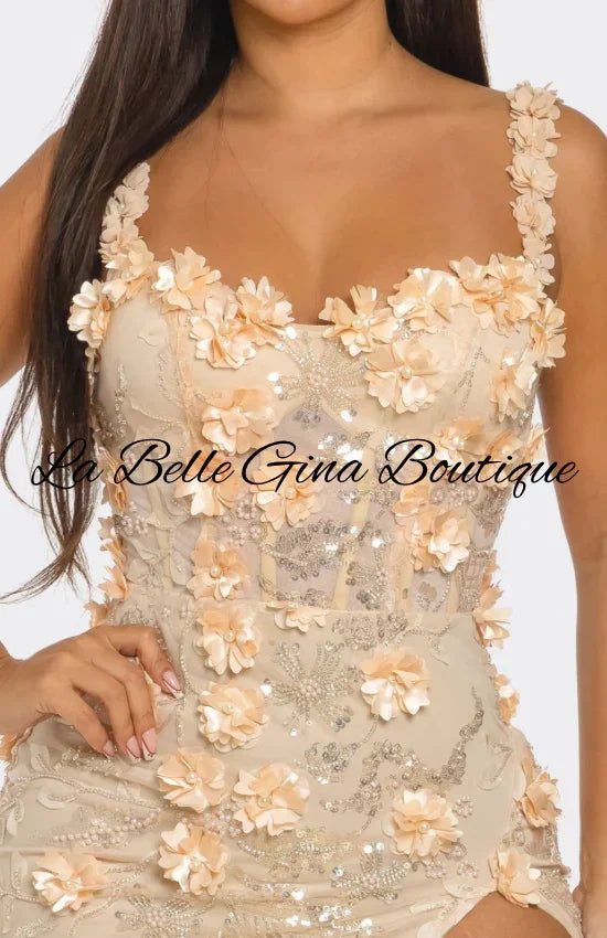 Luxury 3D Floral Embellished Corset Gown with High Slit - Elegant Evening Prom & Wedding Dress