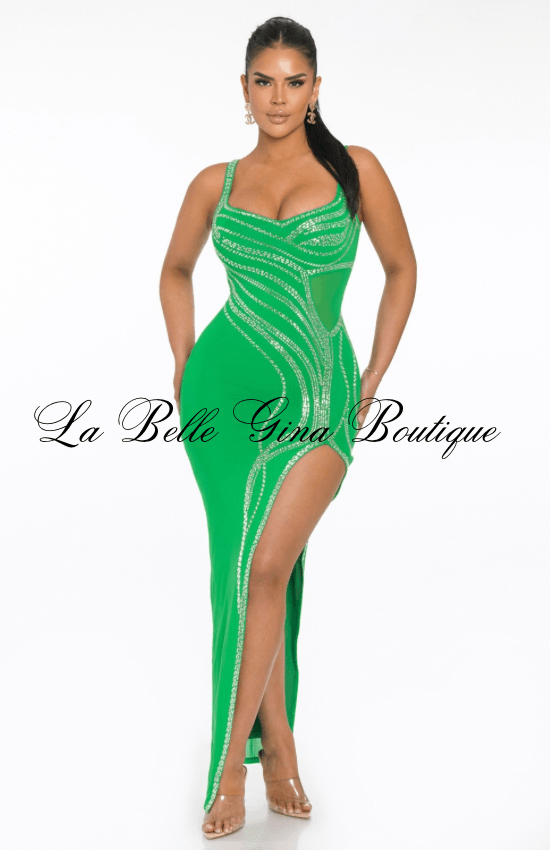 Barbara Rhinestone Embellished Maxi Dress-Green La Belle Gina Boutique Barbara Rhinestone Embellished Maxi Dress-Green La Belle Gina Boutique
