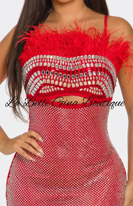 Feather Crystal Embellished Cutout Gown – Luxury Evening Maxi Dress