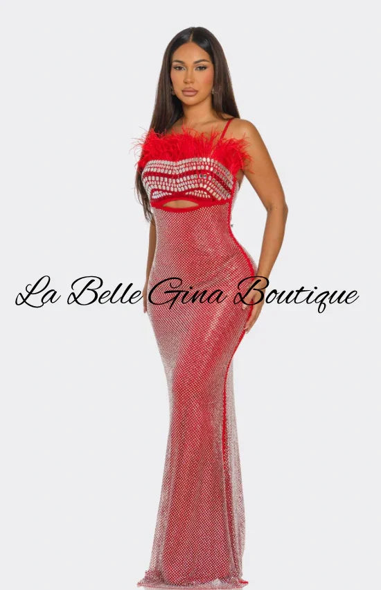 Feather Crystal Embellished Cutout Gown – Luxury Evening Maxi Dress
