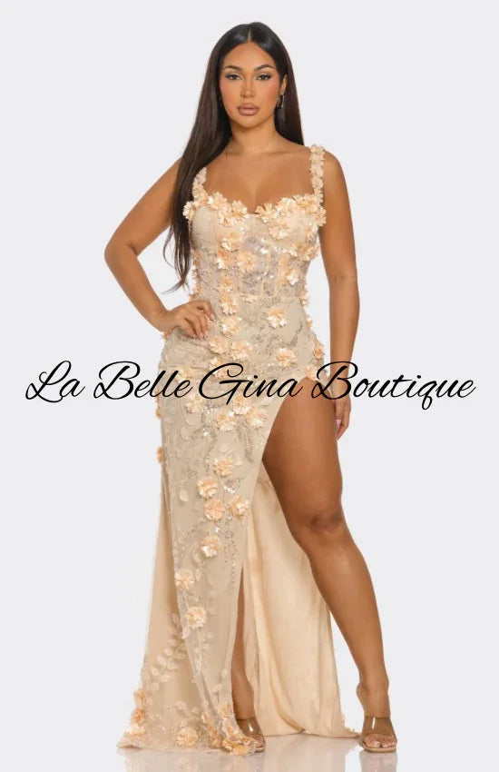 Luxury 3D Floral Embellished Corset Gown with High Slit - Elegant Evening Prom & Wedding Dress