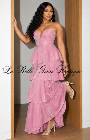 Goddess Glow Metallic Tiered Maxi Dress – Strapless Deep V-Neck Ruffle Gown