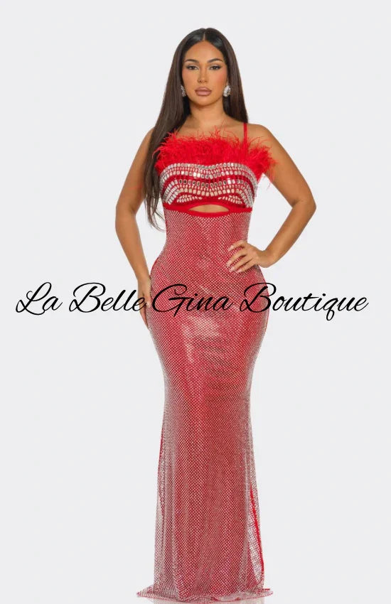 Feather Crystal Embellished Cutout Gown – Luxury Evening Maxi Dress