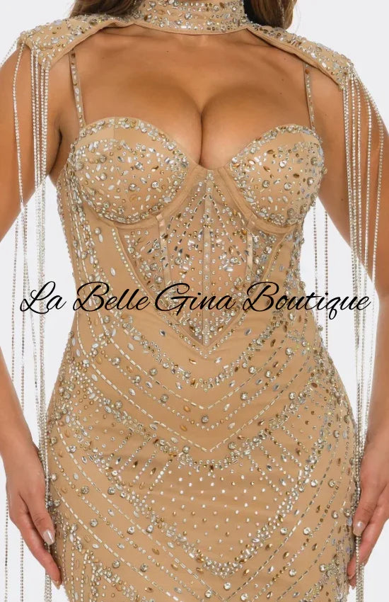 Luxury Rhinestone Mesh Evening Gown – Sparkling Mermaid Maxi Dress with Cape Detail