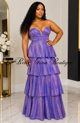 Goddess Glow Metallic Tiered Maxi Dress – Strapless Deep V-Neck Ruffle Gown