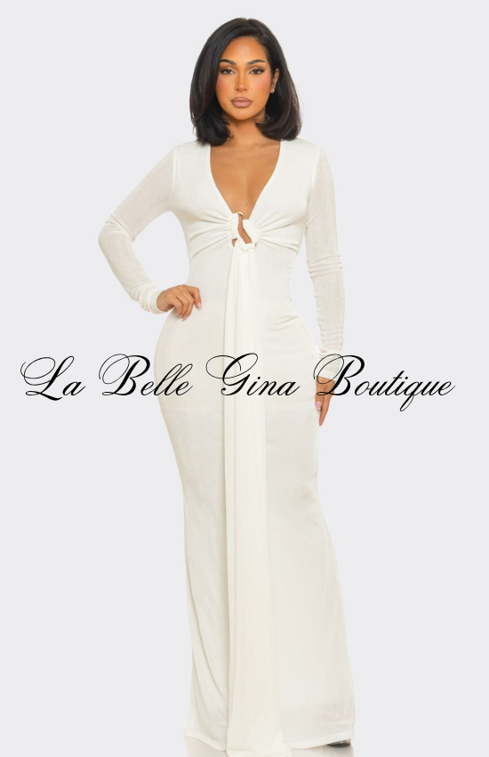 Long Sleeve Deep V Maxi Dress for Women | Elegant Bodycon Evening Gown