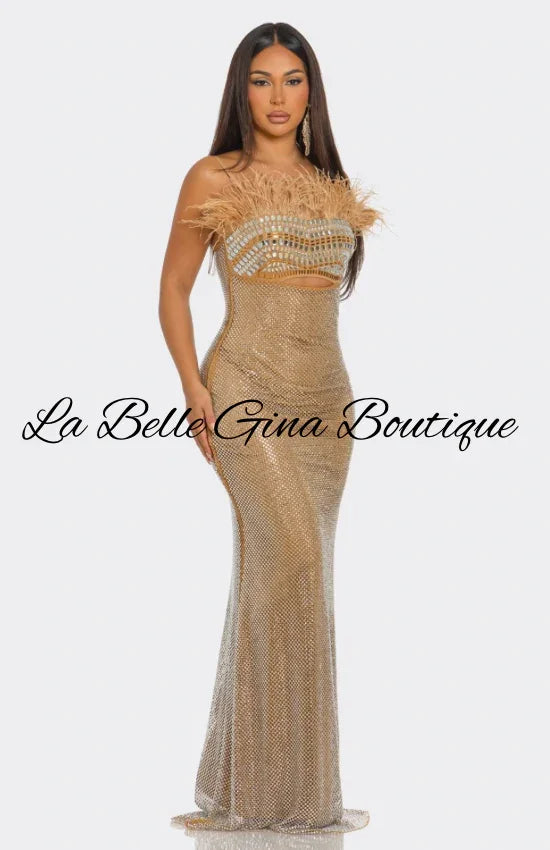 Feather Crystal Embellished Cutout Gown – Luxury Evening Maxi Dress