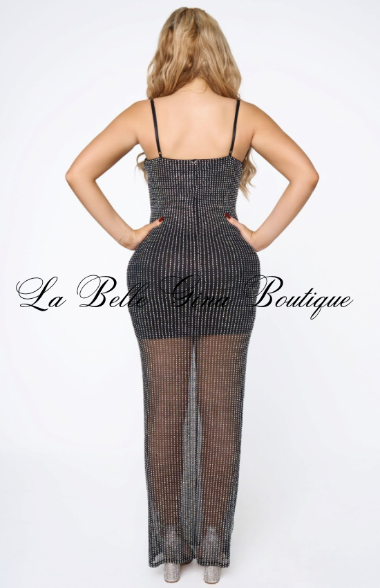 Rhinestone Mesh Corset Maxi Dress – Sparkly Crystal Gown with Sheer Details