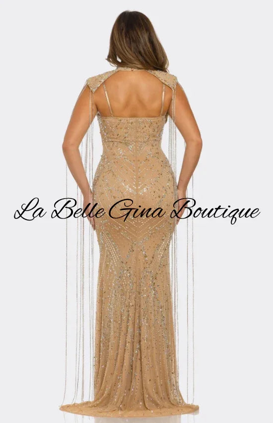 Luxury Rhinestone Mesh Evening Gown – Sparkling Mermaid Maxi Dress with Cape Detail