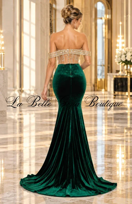 Royal Glam Rhinestone Corset Mermaid Maxi Dress – Luxury Off-Shoulder Velvet Evening Gown