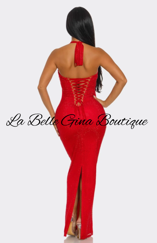 Luxury Sparkle Halter Maxi Gown – Curve Hugging Back Lace-Up Evening Dress | La Belle Gina Boutique