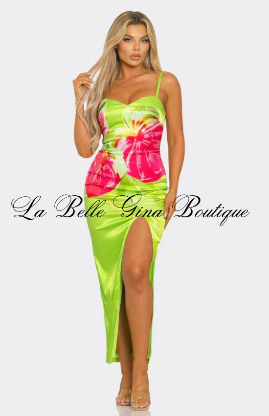 Tropical Paradise Hibiscus Maxi Dress – Sexy Slit Satin Vacation Dress | Summer Floral Bodycon Dress