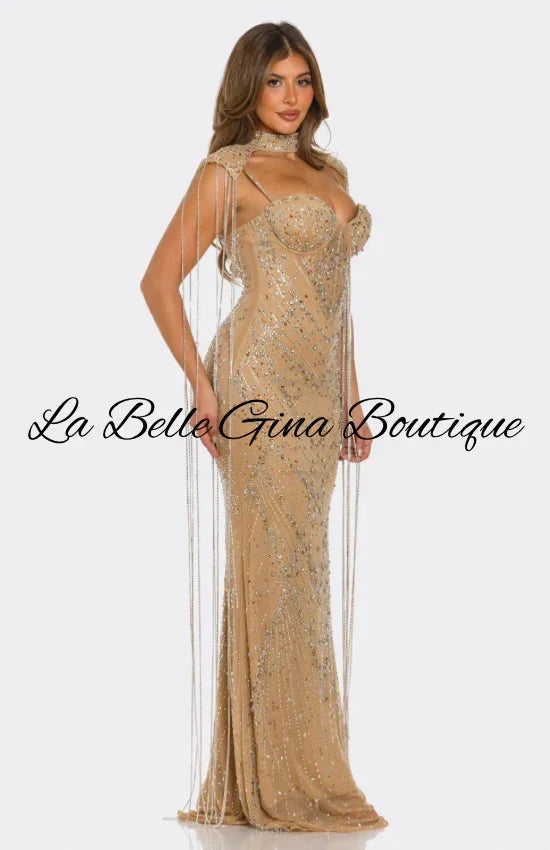 Luxury Rhinestone Mesh Evening Gown – Sparkling Mermaid Maxi Dress with Cape Detail