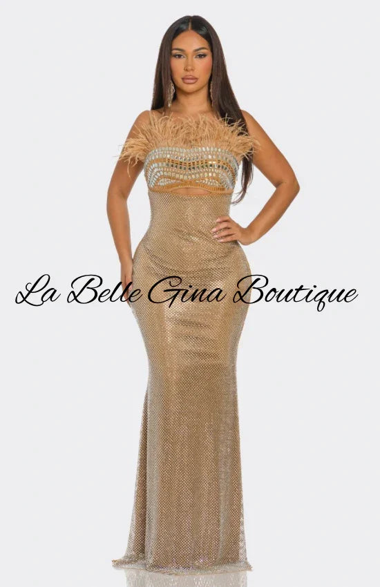 Feather Crystal Embellished Cutout Gown – Luxury Evening Maxi Dress