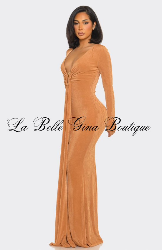 Long Sleeve Deep V Maxi Dress for Women | Elegant Bodycon Evening Gown