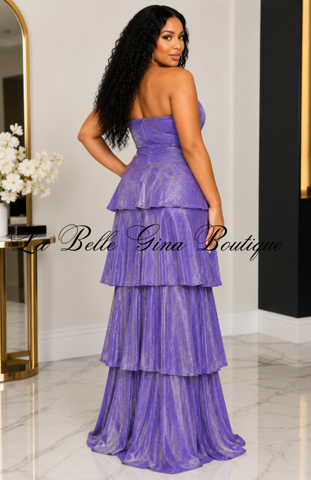 Goddess Glow Metallic Tiered Maxi Dress – Strapless Deep V-Neck Ruffle Gown
