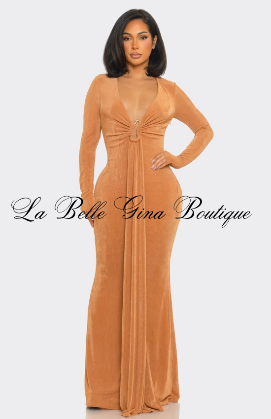 Long Sleeve Deep V Maxi Dress for Women | Elegant Bodycon Evening Gown